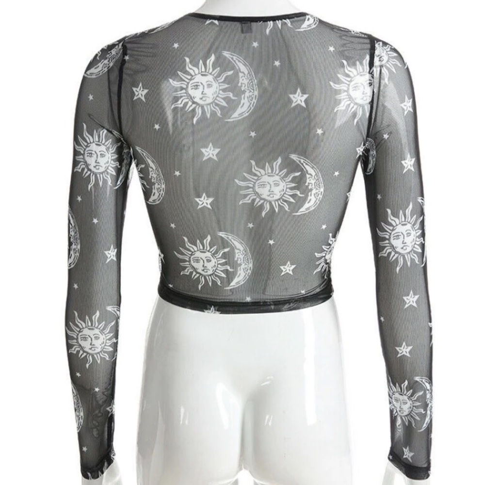 Black mesh sun moon & stars sheer crop top - Picture 15 of 15
